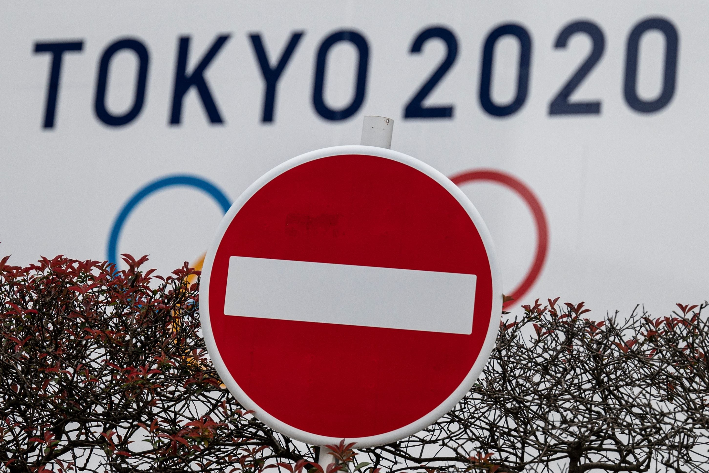 Sebuah tanda setop terlihat di area pertandingan Olimpiade Tokyo 2020, Jepang.