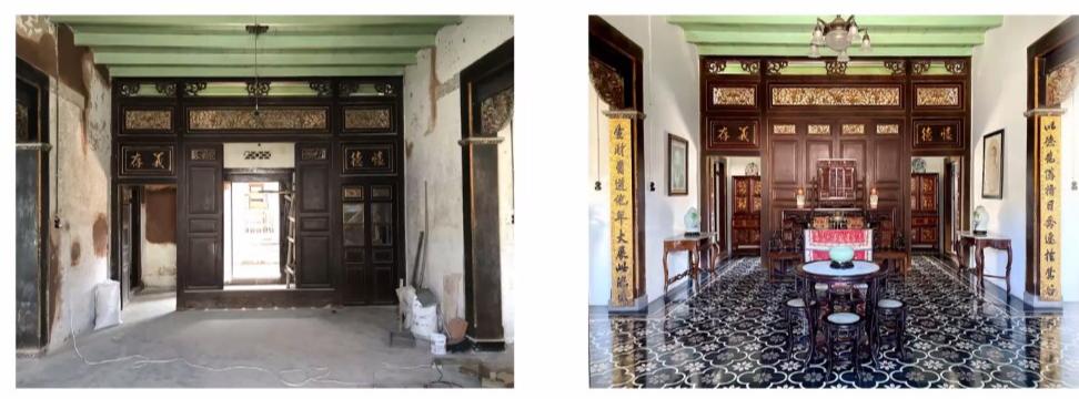 Rumah peranakan. Kiri kondisi aslinya dan yang kanan yang telah direstorasi