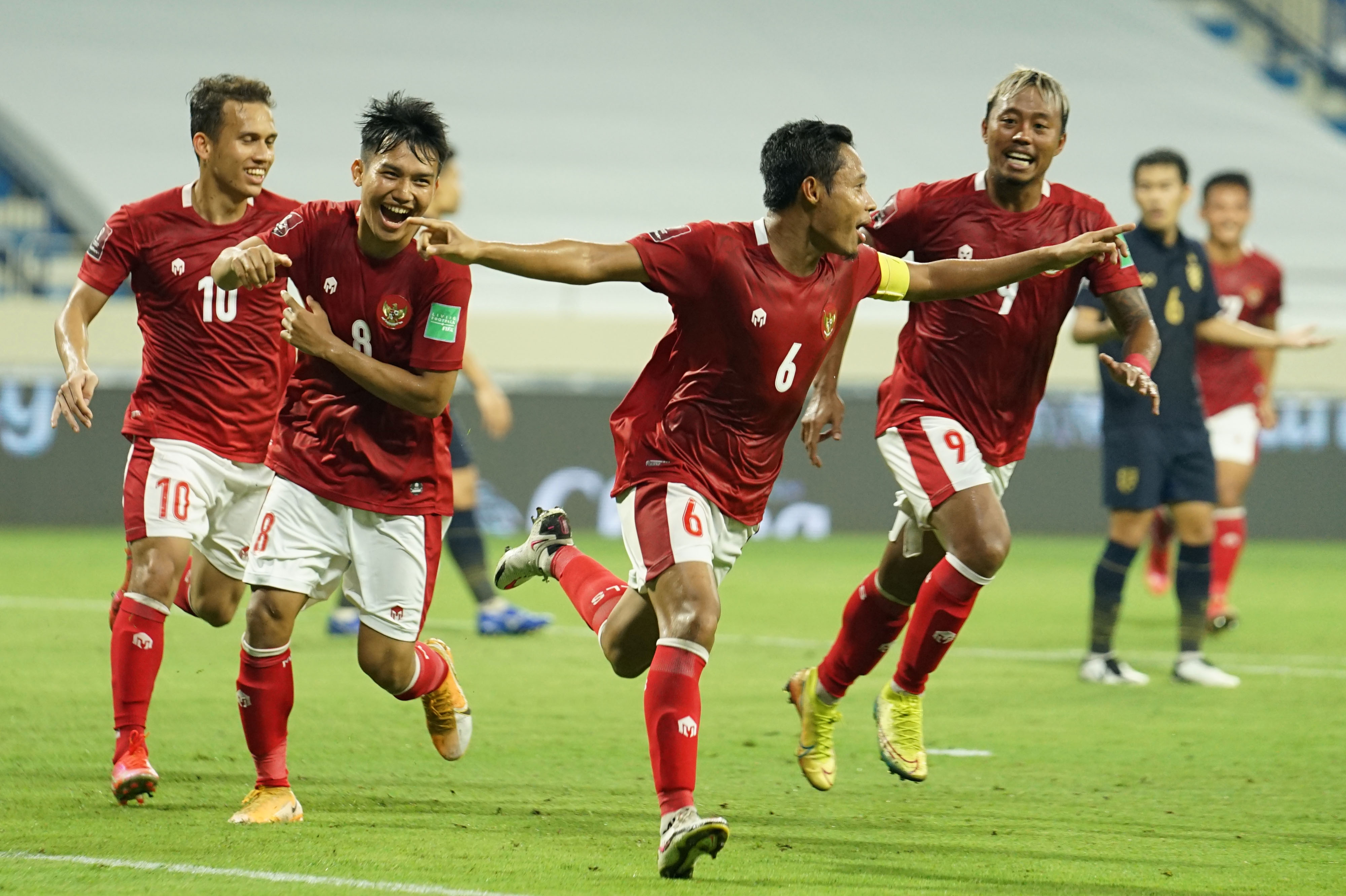 Timnas Indonesia melakukan selebrasi dengan seusai membobol gawang Timnas Thailand.