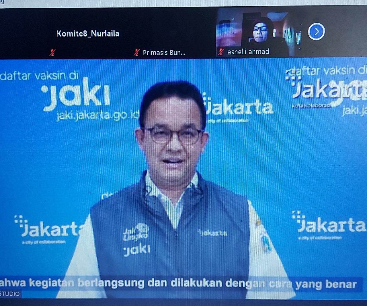Gubernur DKI Jakarta Anies Baswedan saat memberi sambutan dalam acara tasyakuran dan sekaligus pelepasan siswa SMAN 8 Jakarta secara daring.
