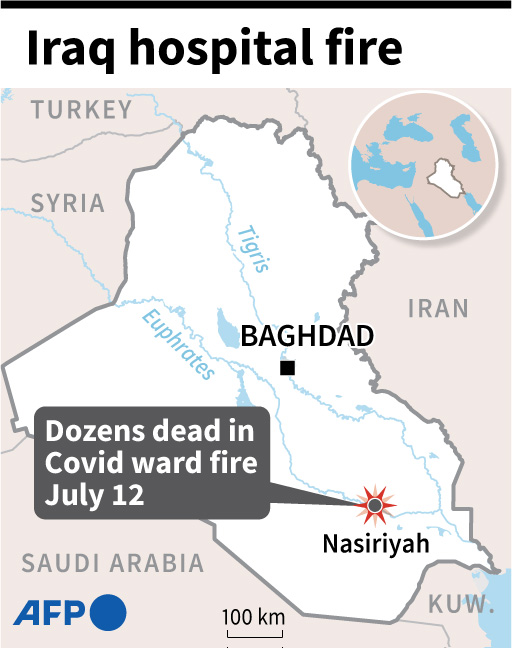 Peta lokasi kebakaran terjadi di Rumah Sakit Al-Hussein di Kota Nasiriyah, Irak selatan, pada Senin (12/7) malam.