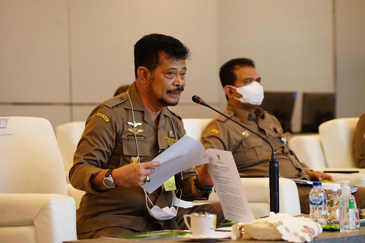 Mentan Syahrul Yasin Limpo memberi pemaparan saat melakukan rapat dengan Komite II DPD RI secara virtual pada Selasa (13/7/2021). 