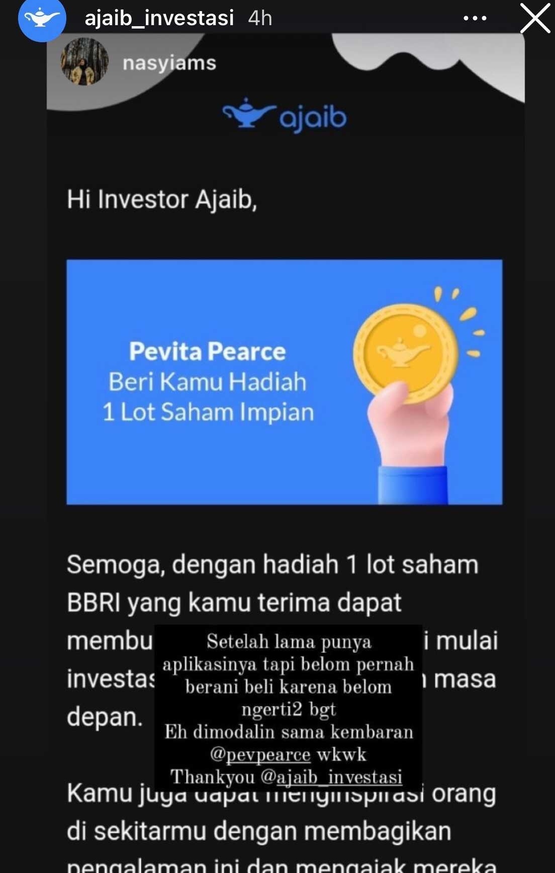 Pemenang Bagi-bagi saham dari Pevita Pearce dan Ajaib membagikan momen di Medsos