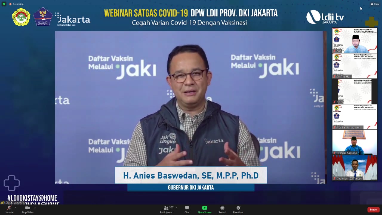Gubernur DKI Jakarta Anies Baswedan pada webinar “Perkembangan Virus Covid-19 serta Upaya Penanggulangan di Provinsi DKI Jakarta”.