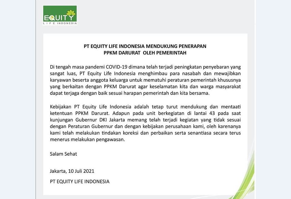 Pernyataan PT Equity Life Indonesia terkait pelanggaran PPKM Darurat yang mereka lakukan