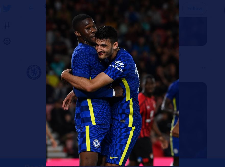 Pemain Chelsea melakukan selebrasi usai mencetak gol ke gawang Bournemouth di laga pramusim.