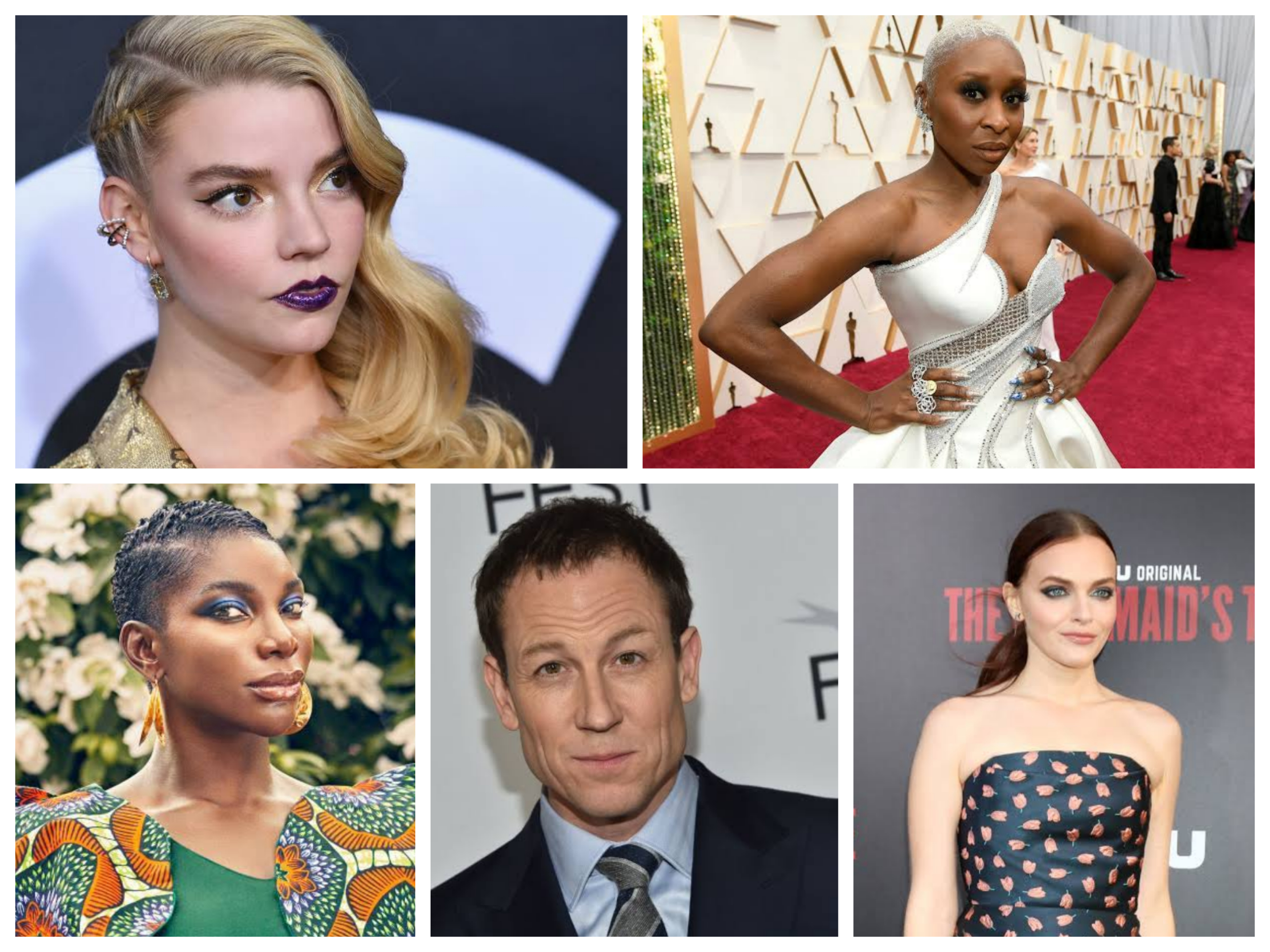 Atas (ki-ka) : Anya Taylor Joy ; Cynthia Erivo. Bawah: Michaela Coel, Tobias Menzies, Madeline Brewer