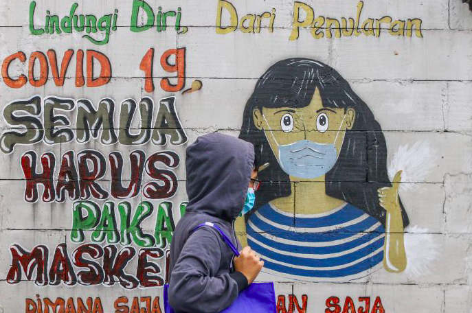 Warga melintas di dekat mural bertemakan COVID-19 di Petamburan, Jakarta.