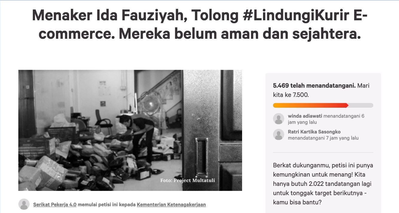 Petisi kepada Menaker Ida Fauziah untuk melindungi kurir e-commerce