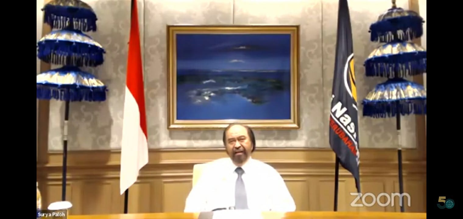 Ketua Umum Partai NasDem Surya Paloh berbicara secara daring dalam Dialog Kebangsaan Ketua Umum Partai Politik, Senin (23/8).