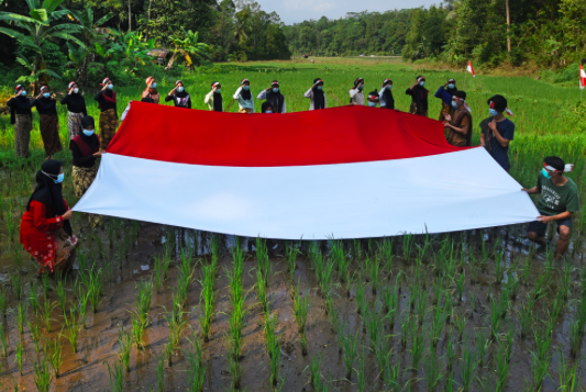 Sejumlah warga mengikuti upacara peringatan Detik-Detik Proklamasi Kemerdekaan di tengah sawah di Kali Kidul, Kampung Kopi, Kecamatan Gunung