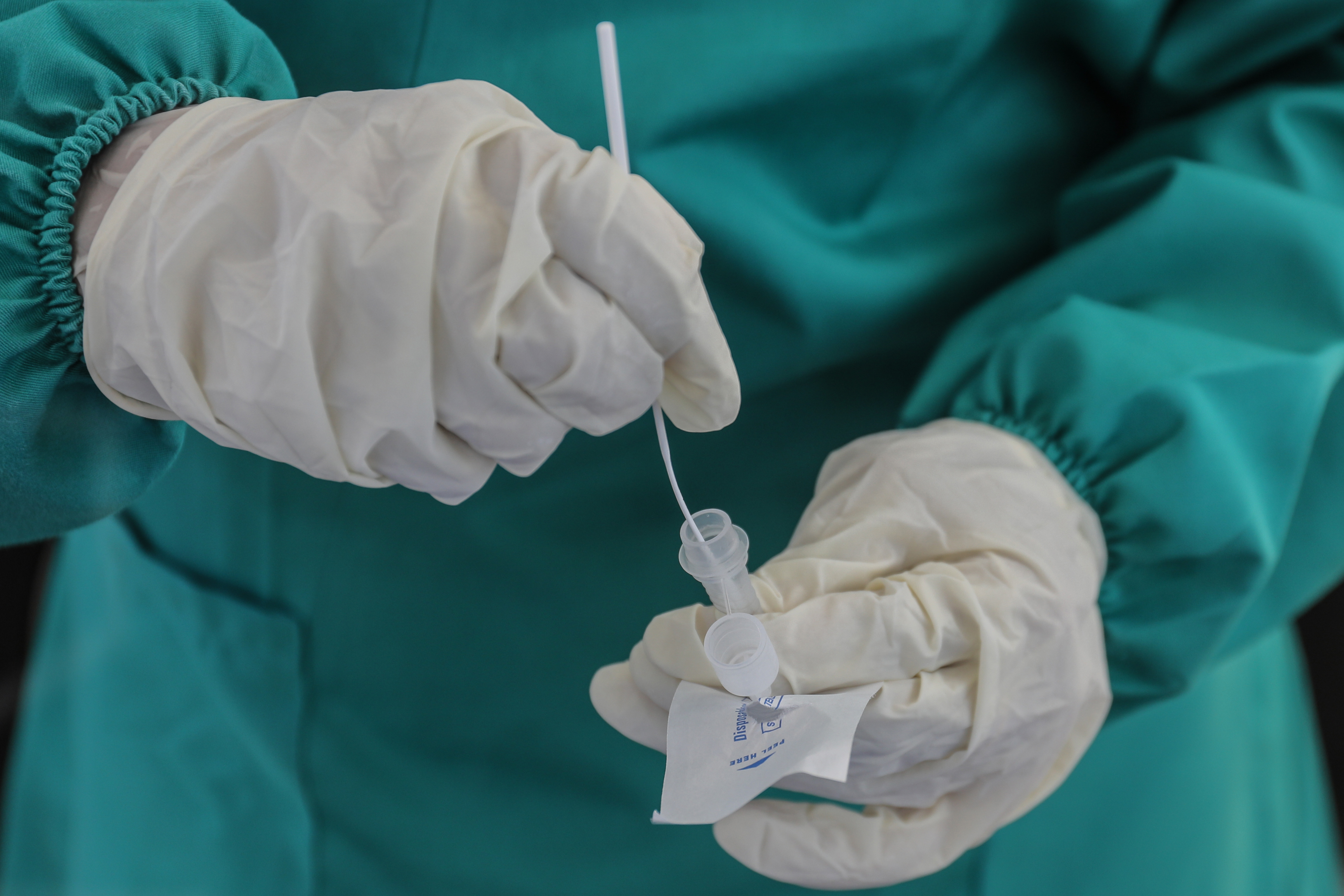 Petugas medis melakukan pengecekan tes antigen covid-19.