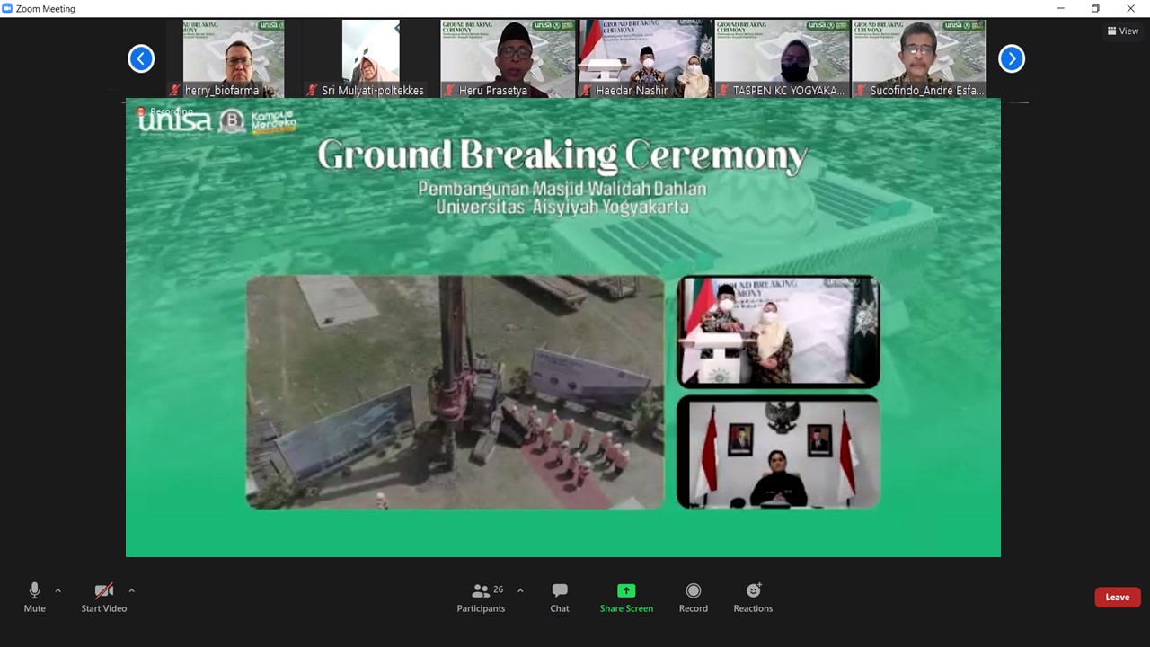 Seremoni peletakan batu pertama Masjid Walidah Dahlan Universitas Aisyiyah Yogyakarta yang diikuti secara virtual, pekan lalu.