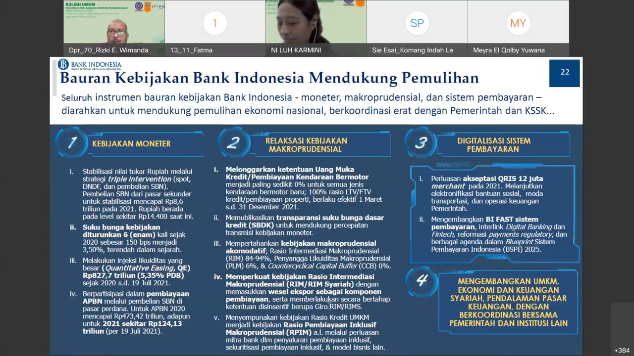 Slide salah satu materi kuliah umum dari Bank Indonesia kepada mahasiswa dan dosen  Program Studi Ekonomi Pembangunan Universitas Udayana, S