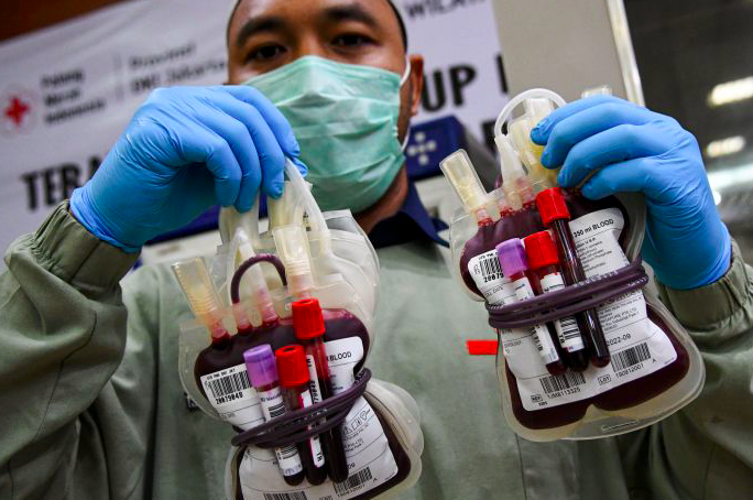Petugas menunjukkan darah dari pendonor sukarela di Unit Tranfusi Darah (UTD) Palang Merah Indonesia (PMI) DKI Jakarta.