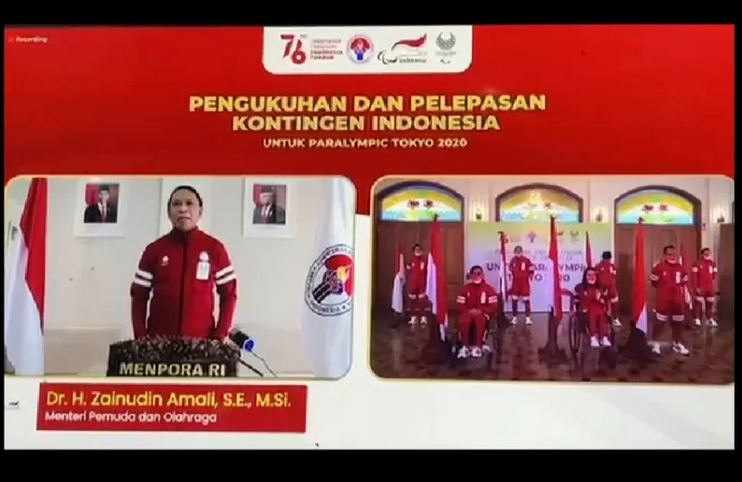 Menpora Zainudin Amali mengukuhkan dan melepas kontingen Indonesia ke Paralimpiade Tokyo 2020 secara virtual, Sabtu (14/8). 