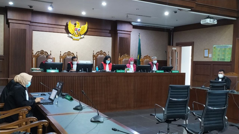 Suasana persidanganan megakorupsi Asuransi Jiwasraya di Tipikor, Jakarta.