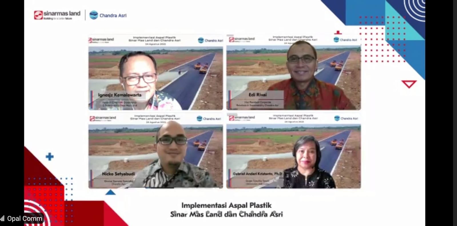 Pertemuan virtual Sinar Mas Land dan Chandra Asri dalam implementasi pemanfaatkan sampah plastik menjadi aspal, Selasa (24/8).