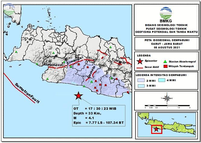 Peta Isoseismal Gempabumi Garut, Jawa Barat 08 Agustus 2021 Pukul 17:30:23 WIB, dengan Kekuatan M 4.1 Kedalaman 33 Km.