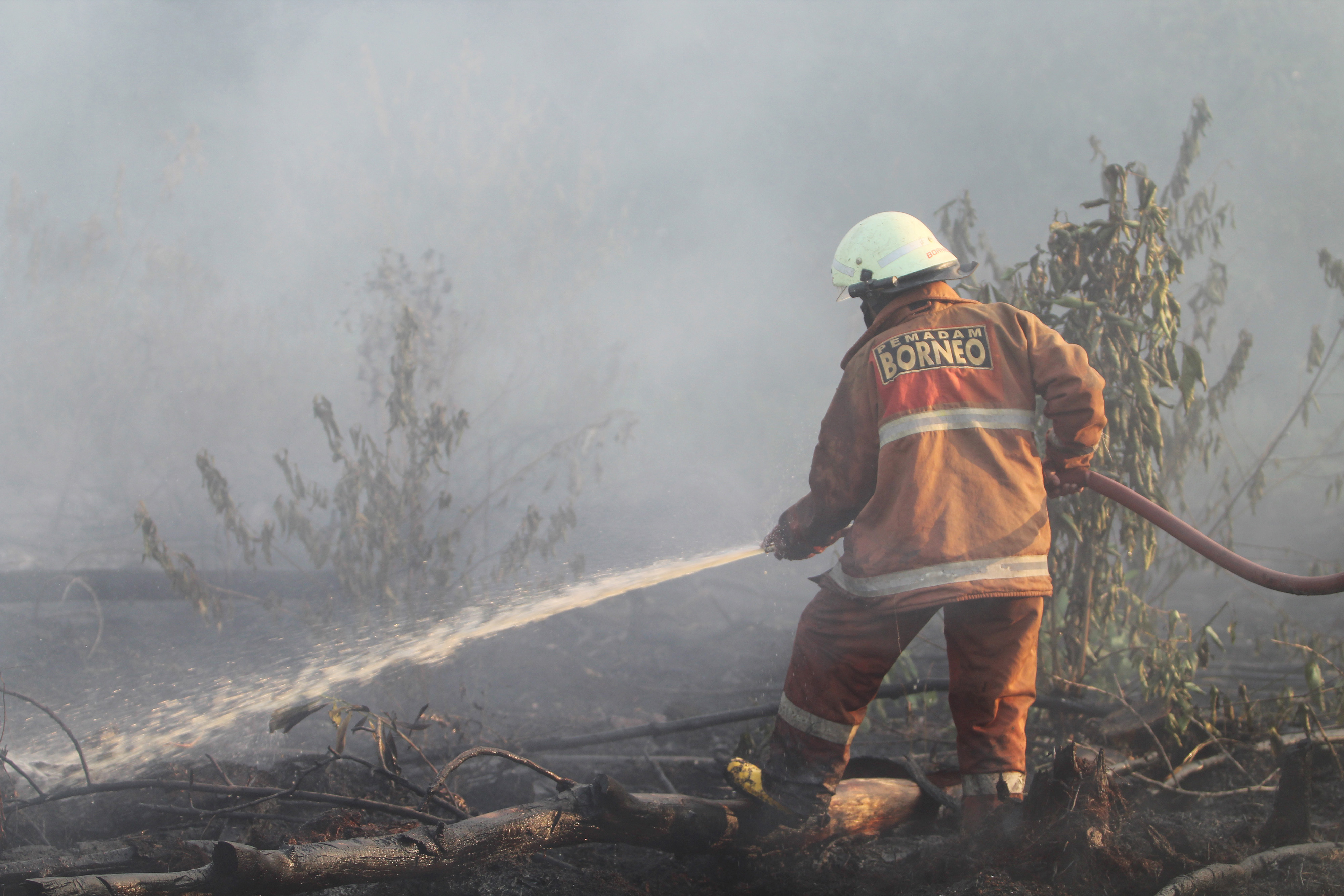 Pemadam kebakaran Swadesi Borneo membasahi lahan gambut yang terbakar di kawasan Sepakat II, Pontianak, Kalbar, Selasa (3/8/2021). 