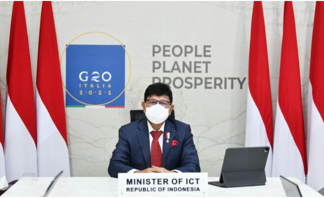 Menkominfo Johnny G Plate dalam pertemuan tingkat menteri bidang digital G20