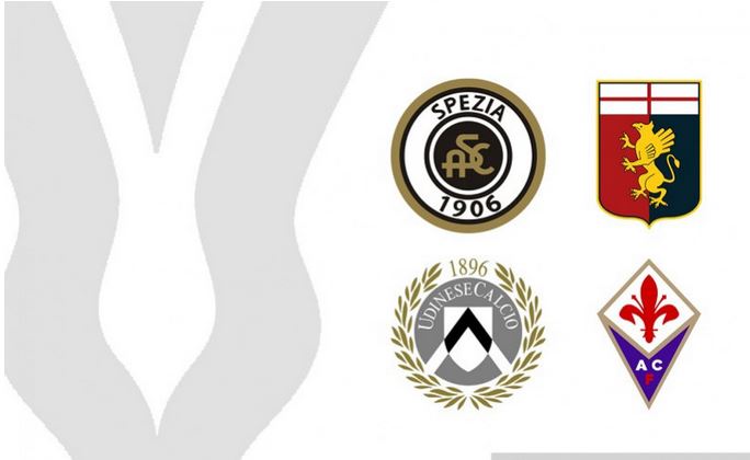 Ilustrasi empat tim Liga Italia Serie A yakni Spezia, Genoa, Udinese dan Fiorentina yang sudah melangkah ke putaran kedua Coppa Italia.