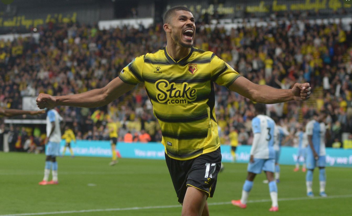 Pemain Watford Ashley Fletcher melakukan selebrasi usai menjebol gawang Crystal Palace di laga Piala Liga.