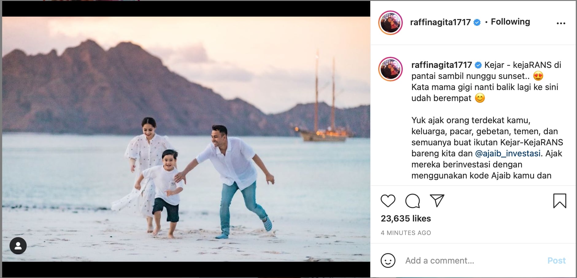 Postingan Raffi Ahmad yang menyiratkan program kjar-kejaRANS bersama platform Ajaib