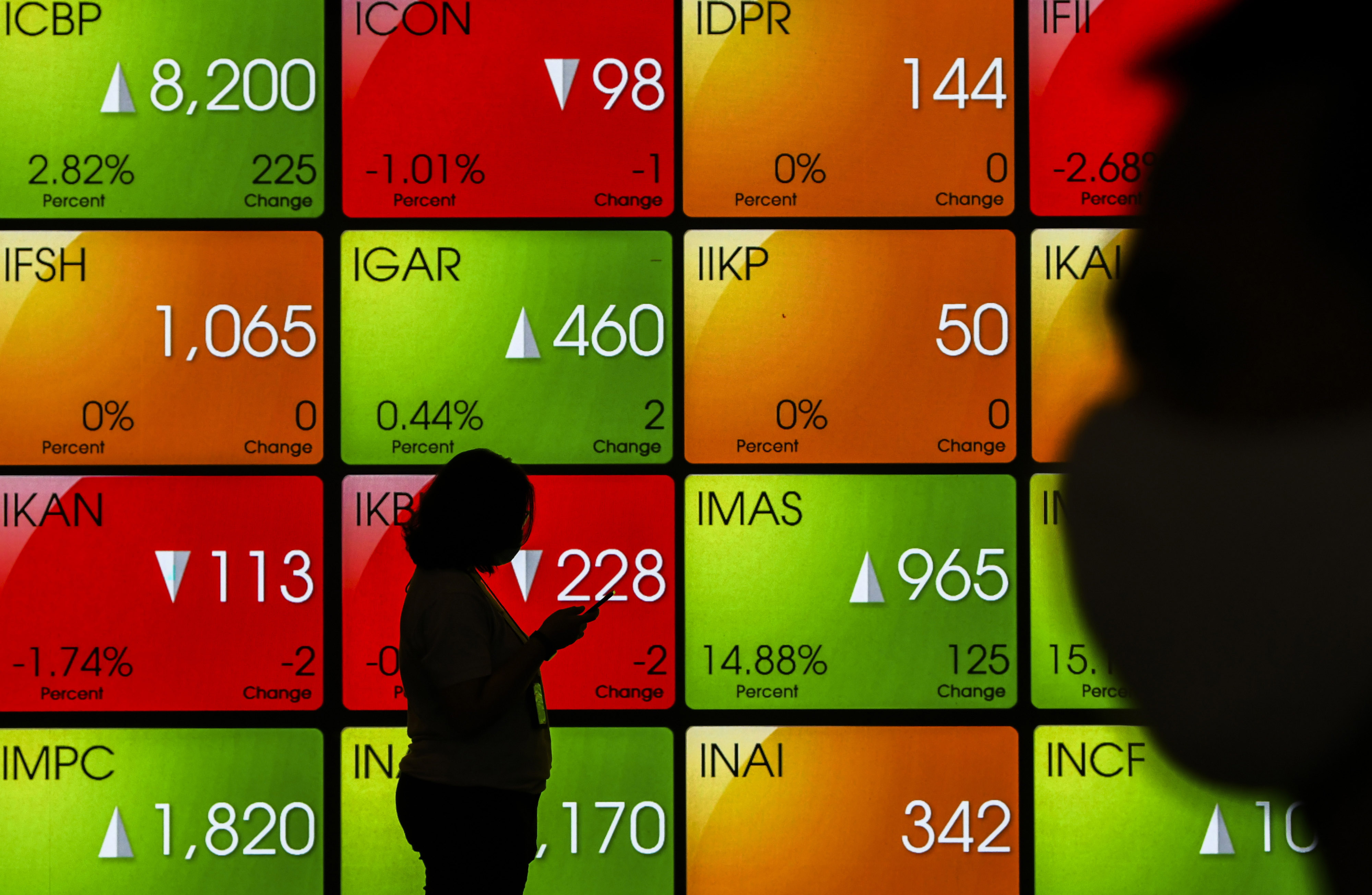 Karyawan melintas di dekat layar monitor pergerakan IHSG yang didominasi zona hijau.