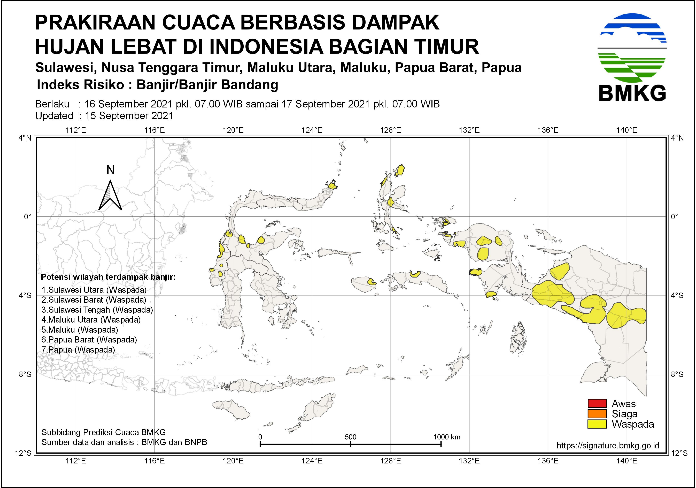 Prediksi hujan lebat di Indonesia bagian Timur untuk 16-17 September 2021.