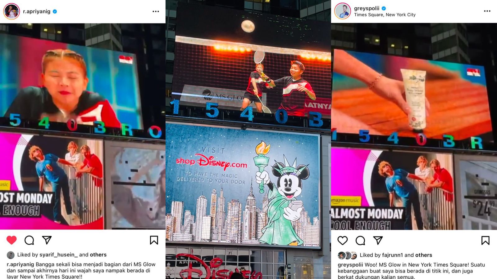 Wajah pebulutangkis ganda putri Greysia Polii dan Apriyani Rahayu terpampang di billboard di New York Times Square, AS.