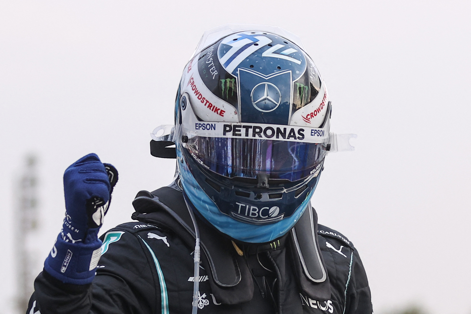 Reaksi pembalap Mercedes, Valtteri Bottas, di Sirkuit Autodromo Nazionale, Monza, Italia, Jumat (10/9).