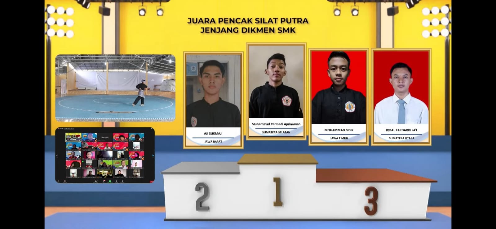 Juara pencak silat putra jenjang Dikmen SMK pada Kompetisi Olahraga Siswa Nasional 2021.