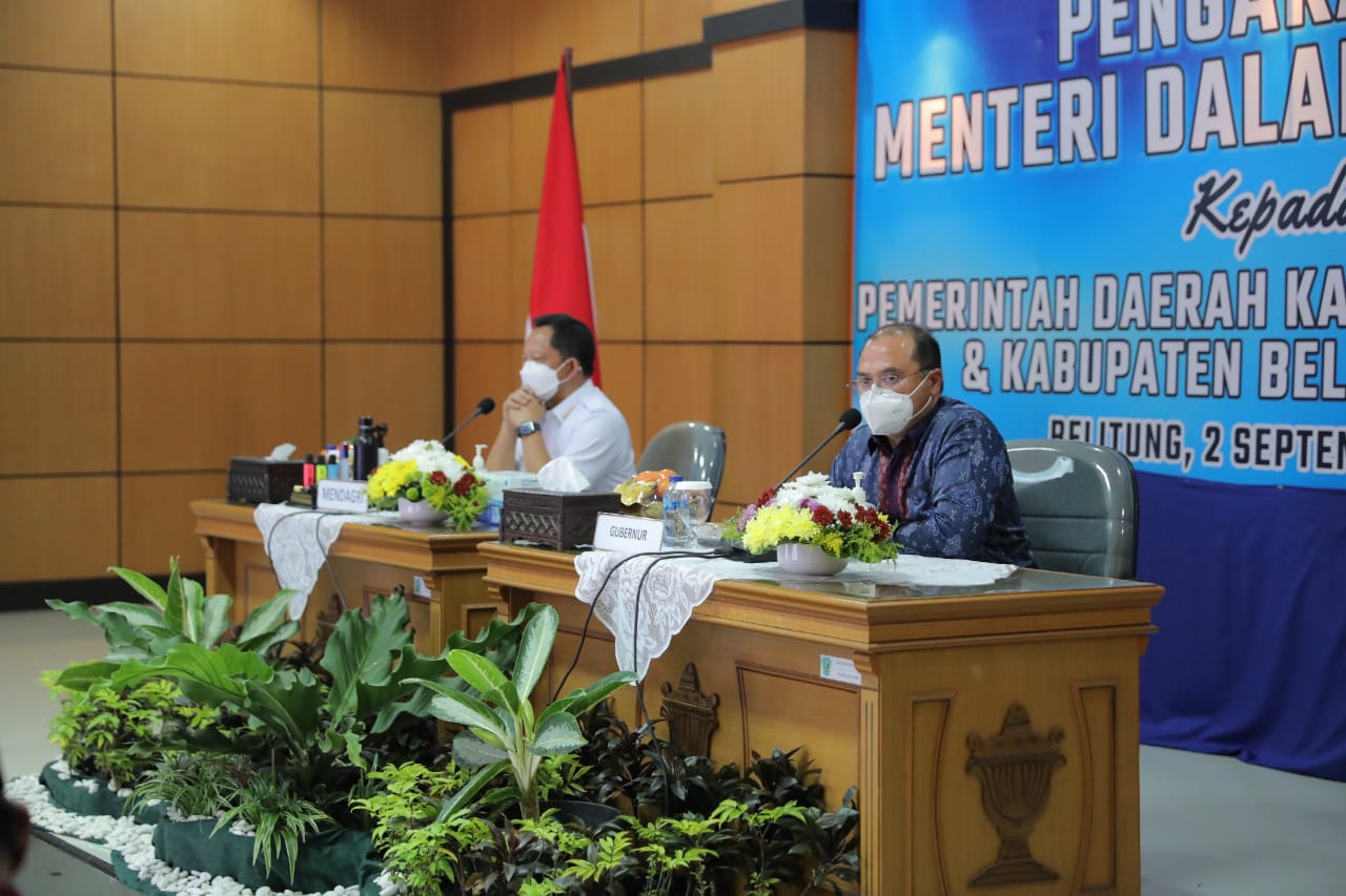 Mendagri Tito Karnavian (kiri) dan Guberbur Bangka Belitung Erzaldi Rosma saat bertemu membahas penanganan Covid-19. 