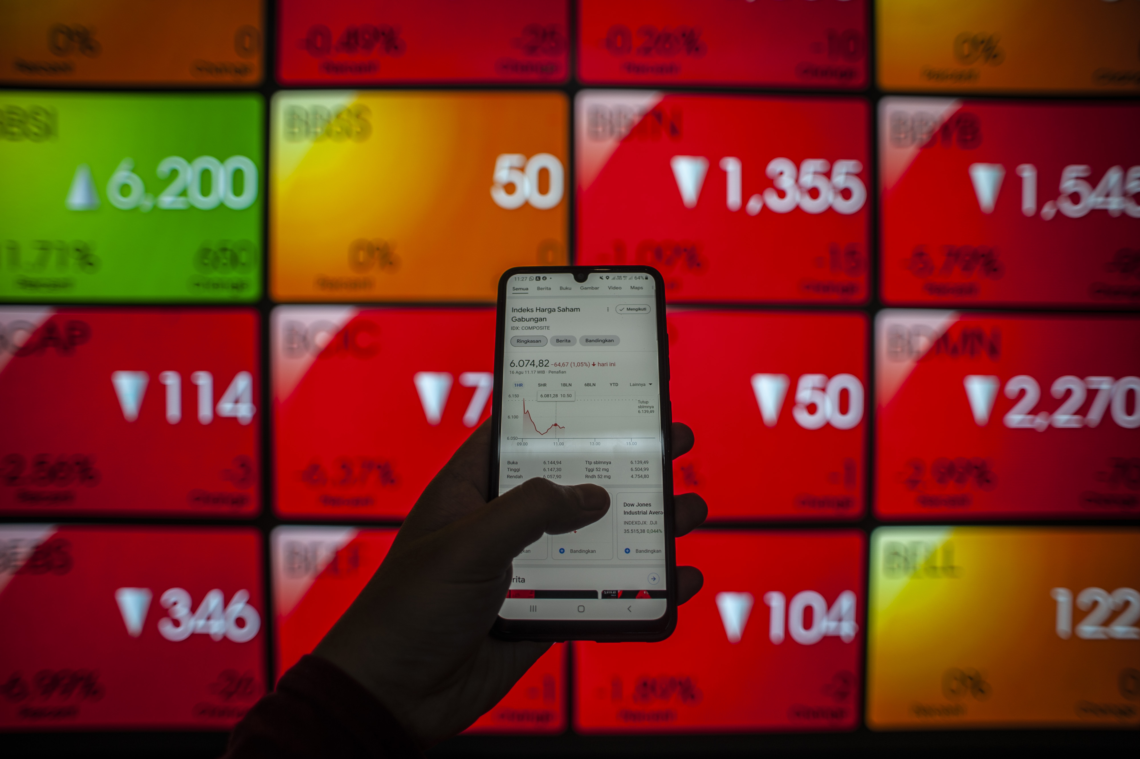  Karyawan memantau pergerakan Indeks Harga Saham Gabungan (IHSG), di Bursa Efek Indonesia, Jakarta.