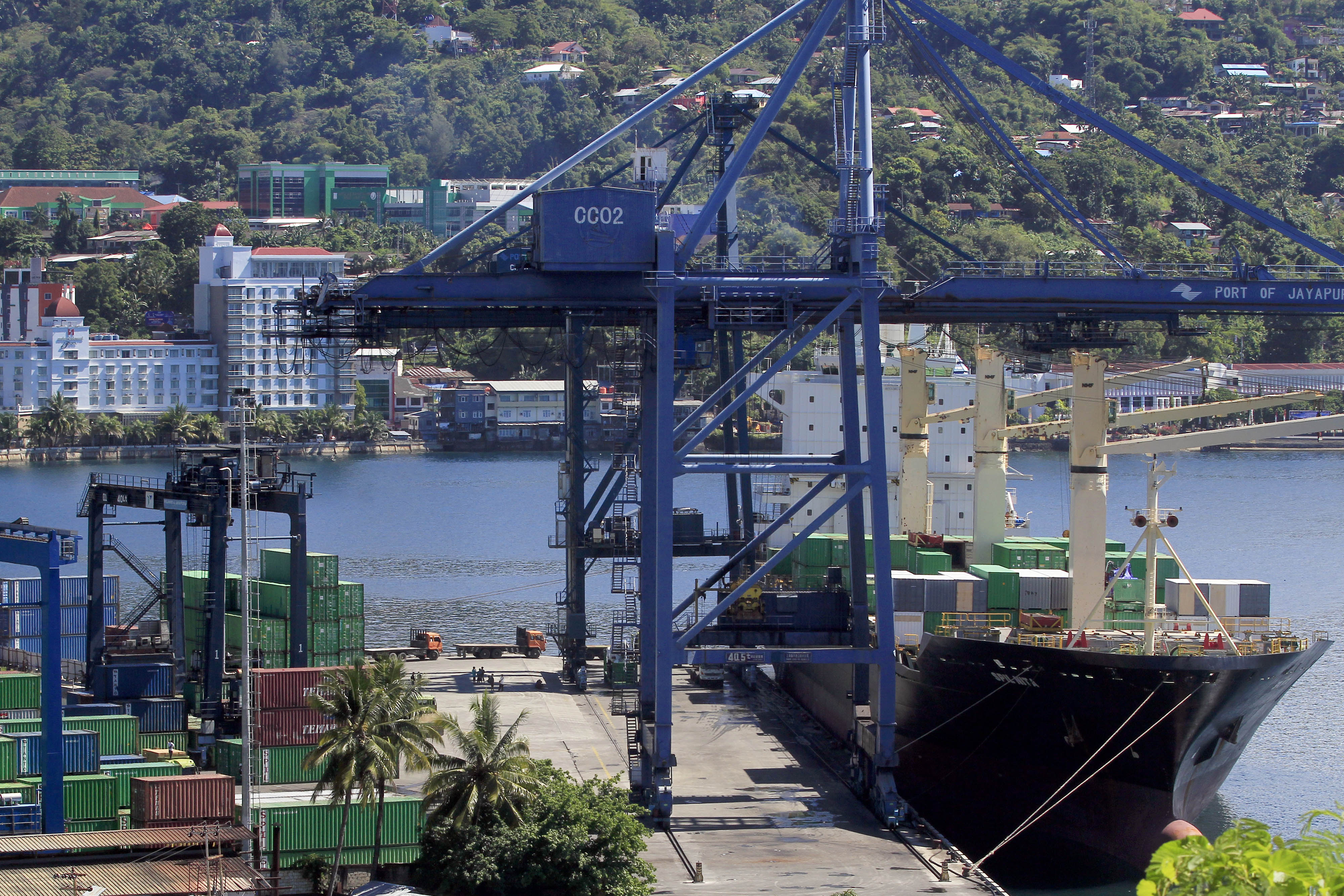  Sebuah kapal peti kemas bersandar di Pelabuhan Jayapura, Papua, Selasa (10/8/2021)