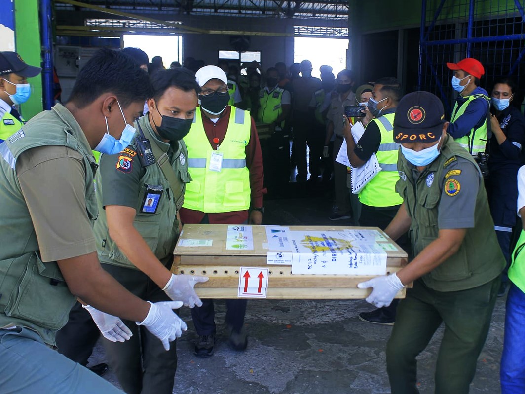 Petugas BBKSDA NTT mengangkut 13 kura-kura leher ular (Chelodina mccordi) ke mobil setelah tiba di Bandara El Tari Kupang, Kamis (23/9).