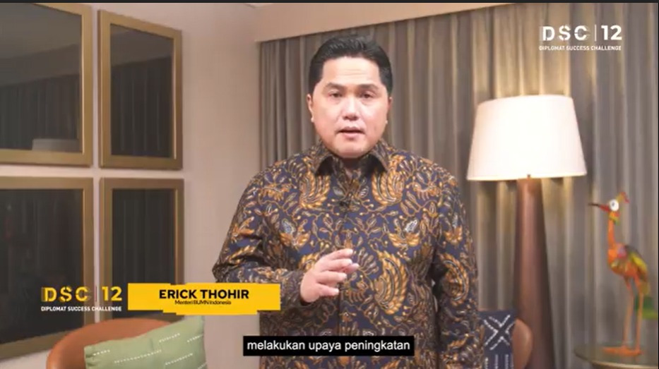 Menteri BUMN Erick Thohir saat memberikan sambutan di virtual roadshow Diplomat Succeas Challenge 12