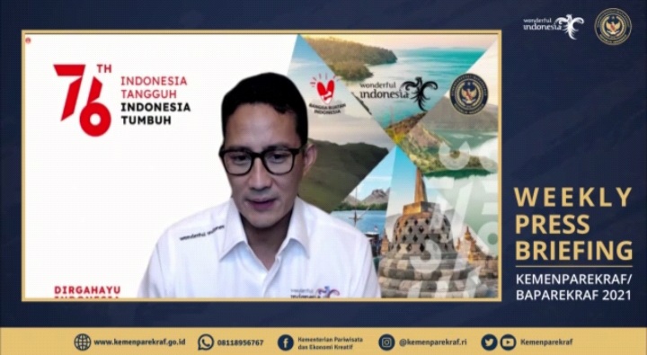 Menteri Pariwisata dan Ekonomi Kreatif Sandiaga Salahuddin Uno saat Weekly Briefing Press virtual.