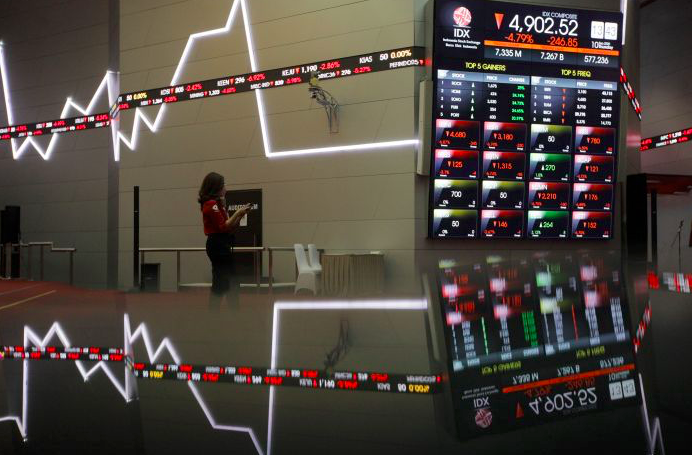 Karyawan mengamati layar pergerakan perdagangan saham di Bursa Efek Indonesia, Jakarta, Kamis.