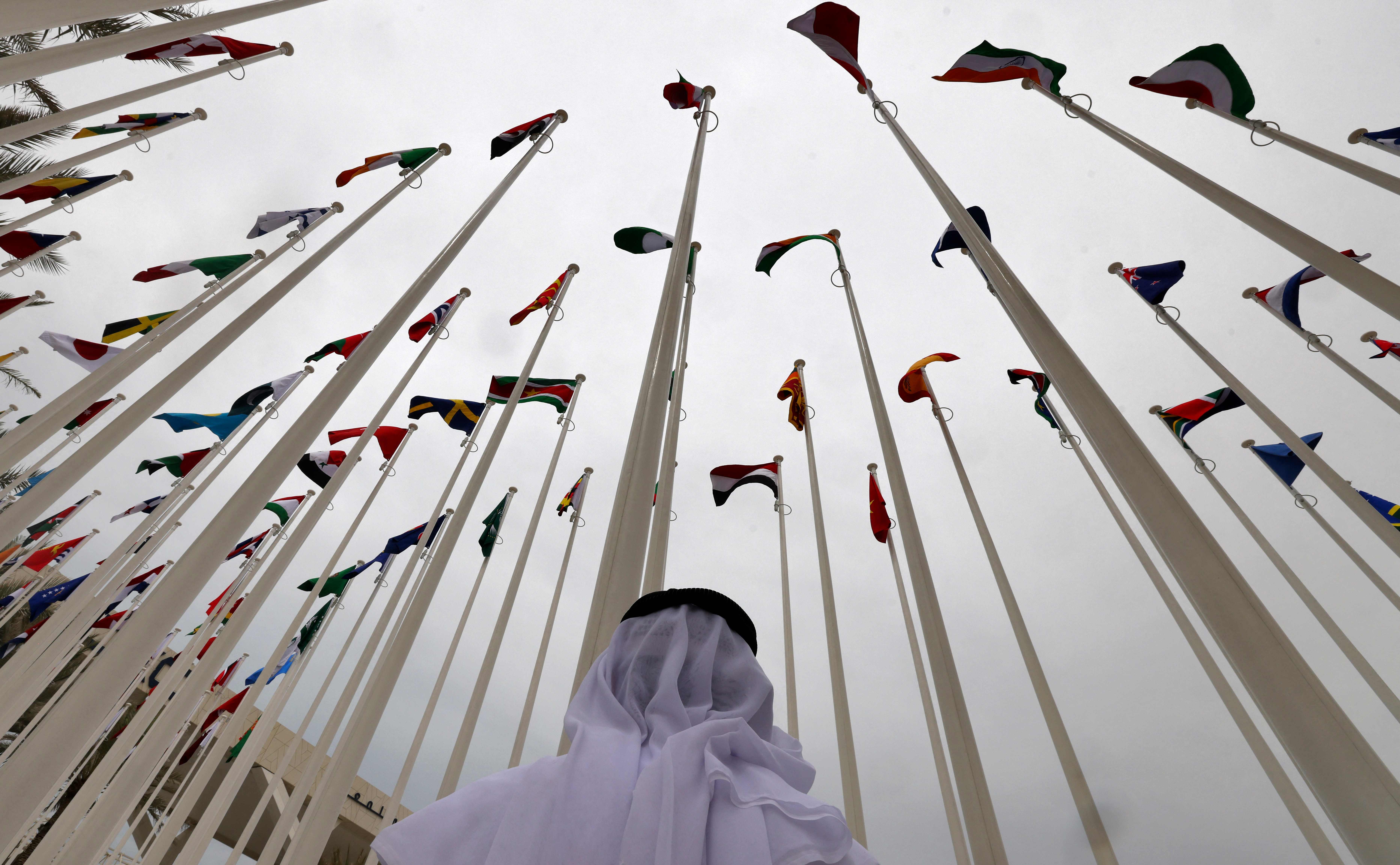 Seorang pengunjung berdiri di antara bendera peserta Dubai Expo 2020.