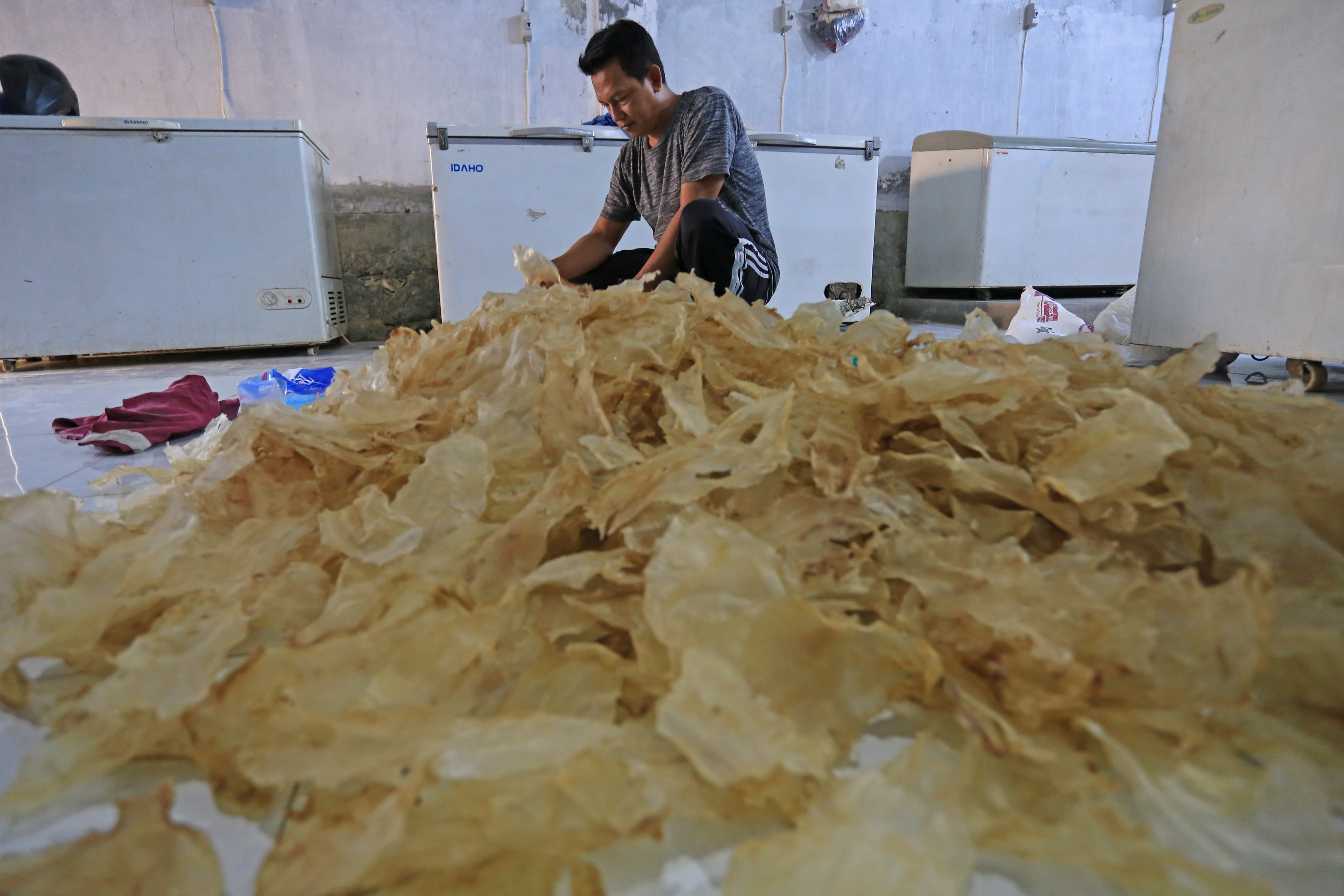 Ilustrasi pelaku UMKM yang memproduksi keripik ikan di Rumah Produksi dan Galeri UMKM desa Karangsong, Indramayu, Jawa Barat.  