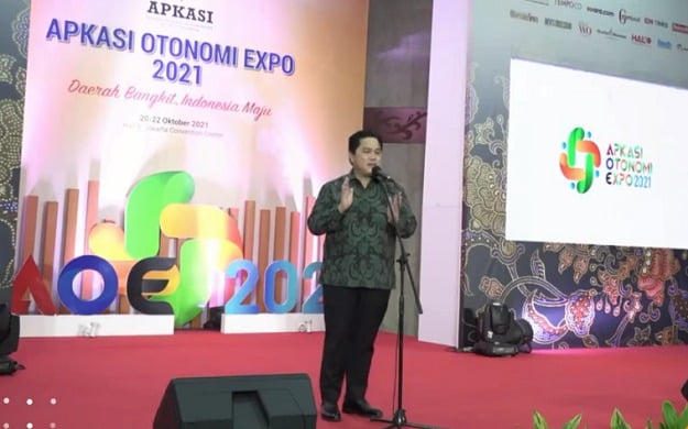 Menteri BUMN Erick Thohir menghadiri penutupan Apkasi Otonomi Expo 2021 di Jakarta.