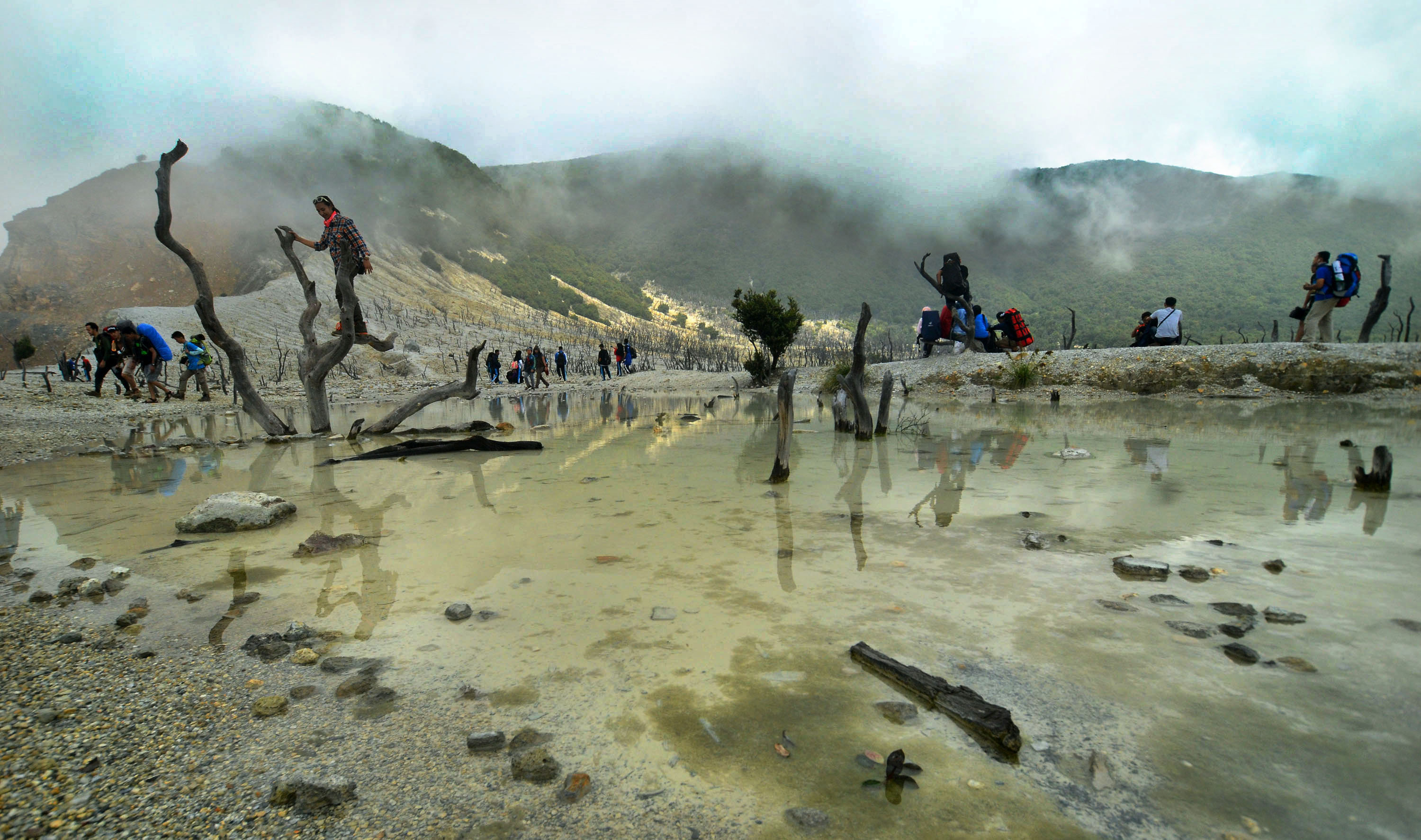 Pendaki melintas di Hutan Mati Gunung Papandayan, Kabupaten Garut, Jawa Barat.