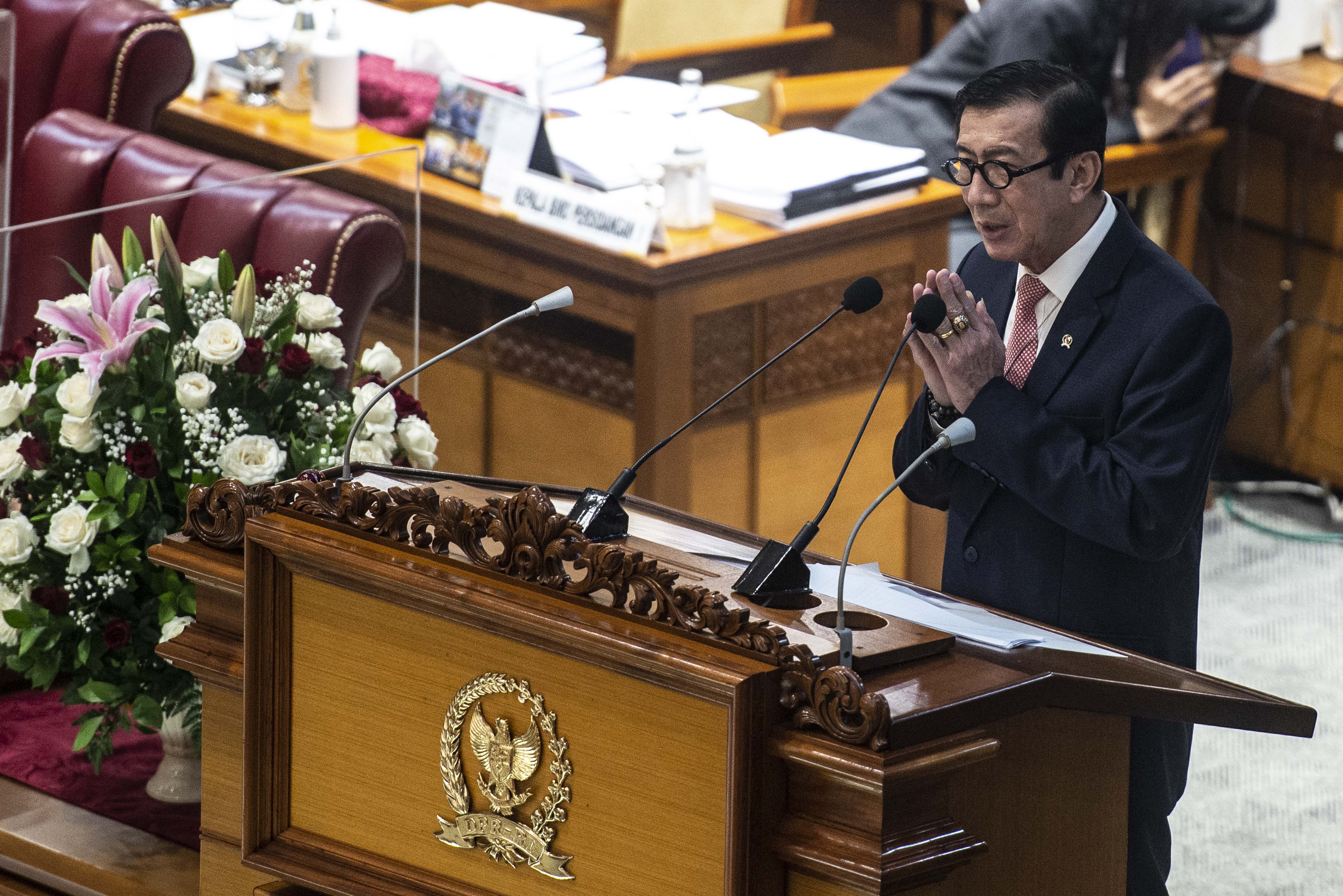 Menkumham Yasonna Laoly saat berbicara dalam Rapat Paripurna DPR RI.
