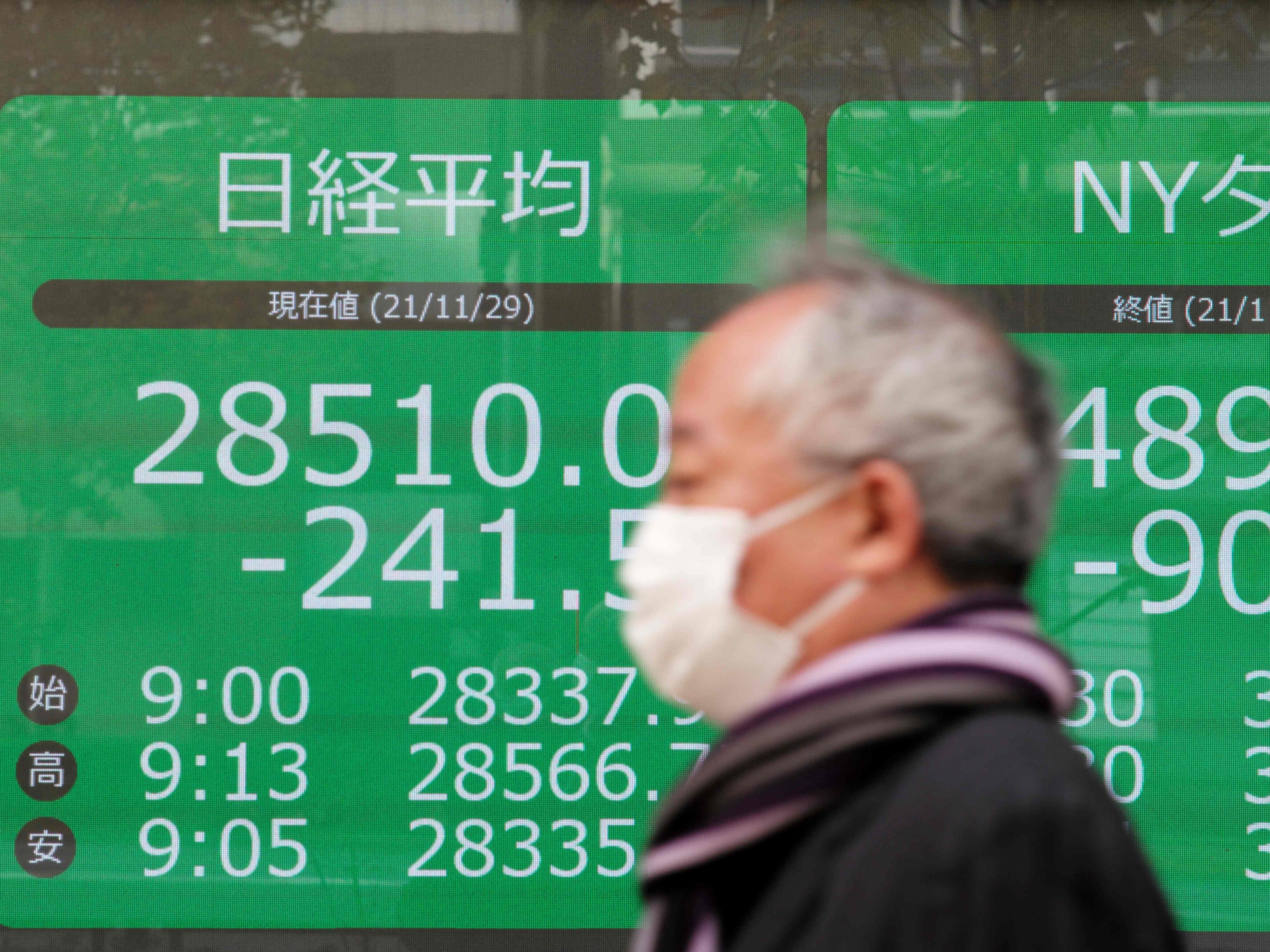 Seorang pejalan kaki berjalan melewati papan elektronik yang menampilkan harga saham Tokyo Stock Exchange pada 29 November 2021.