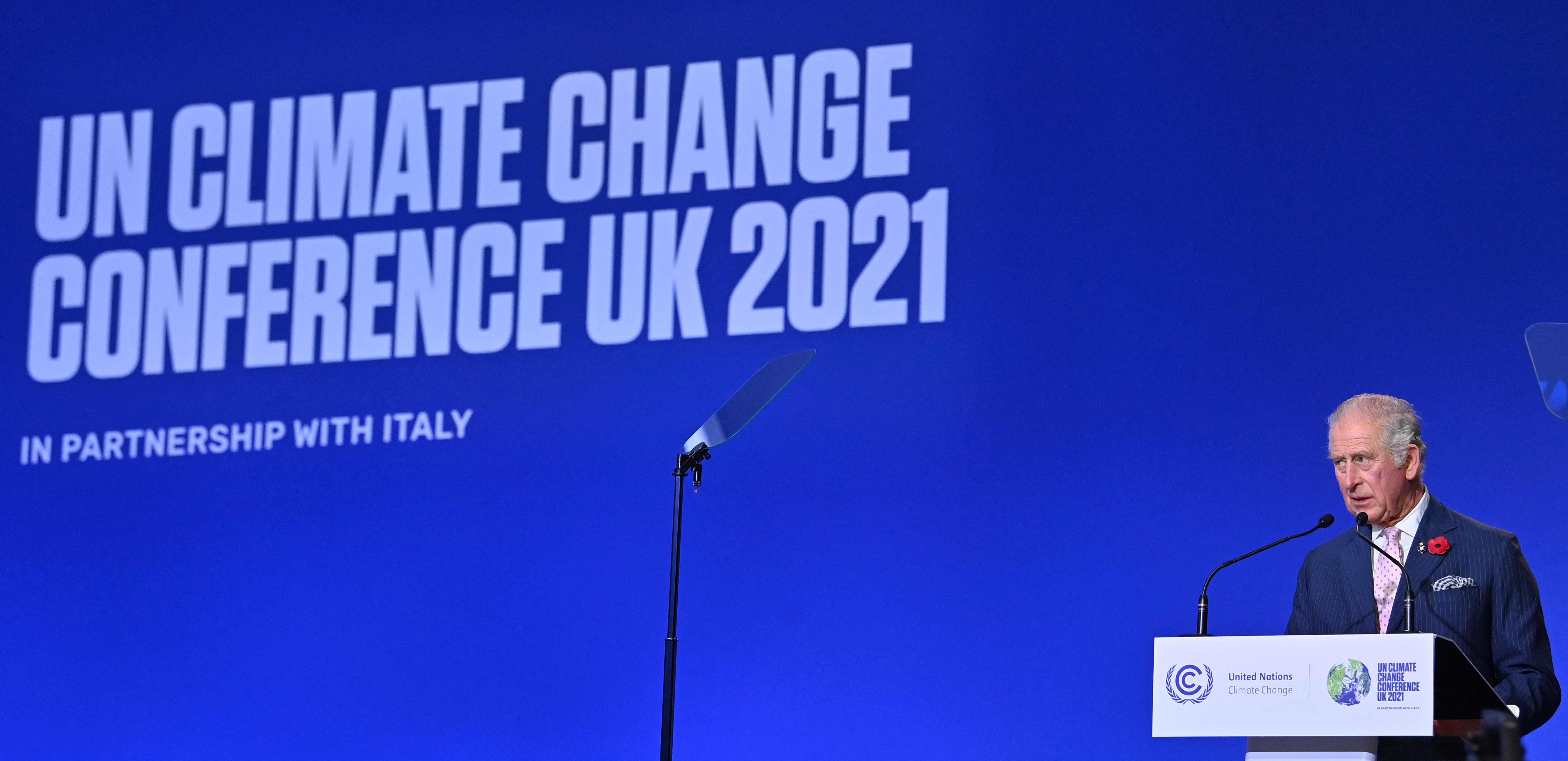 Pangeran Charles dari Kerajaan Inggris memberi sambutan saat pembukaan COP26 UN Climate Change Conference di Glasgow, Skotlandia.