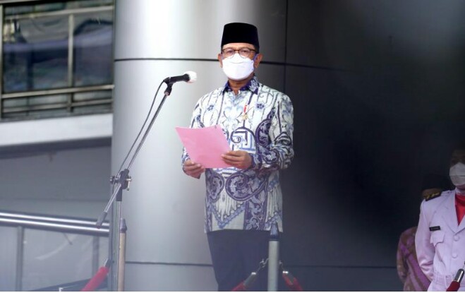 Menkominfo Johnny G Plate dalam peringatan Hari Pahlawan di Kompleks Kementerian Komimfo