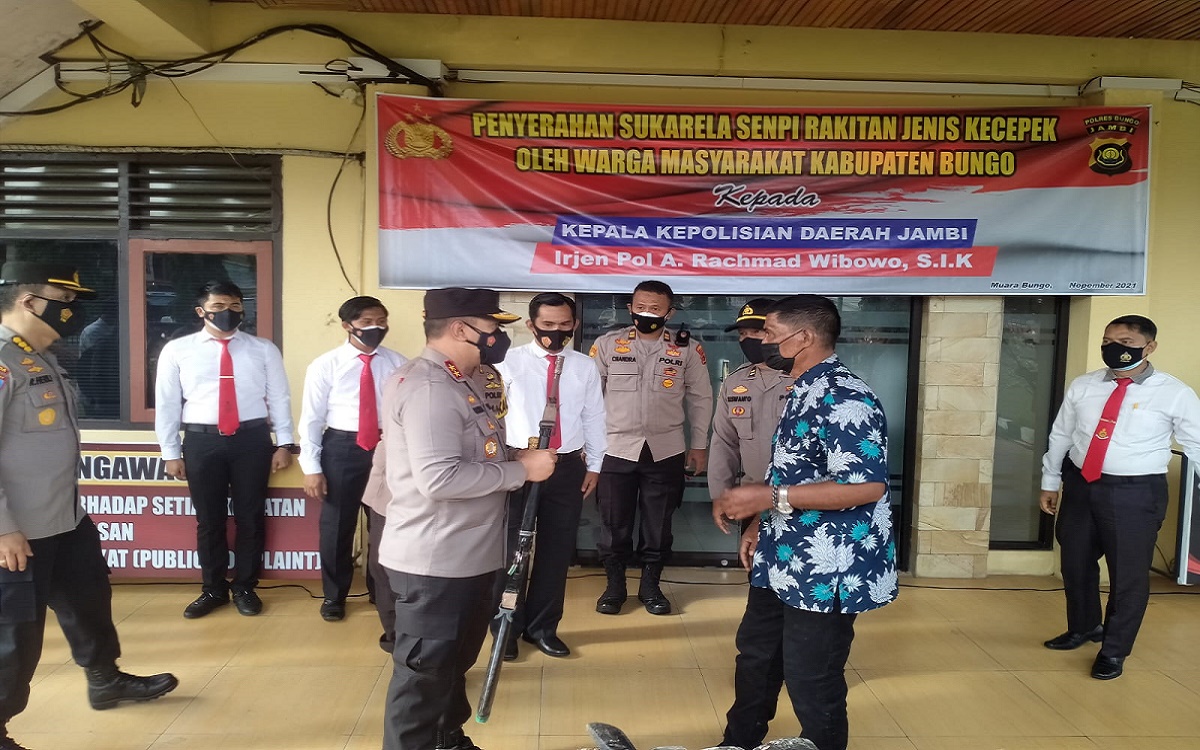 Penyerahanpuluhan pucuk senjata api jenis kecepek kepada Kapolda Jambi Irjen A. Rachmad Wibowo, di Jambi, Sabtu (27/11/2021)