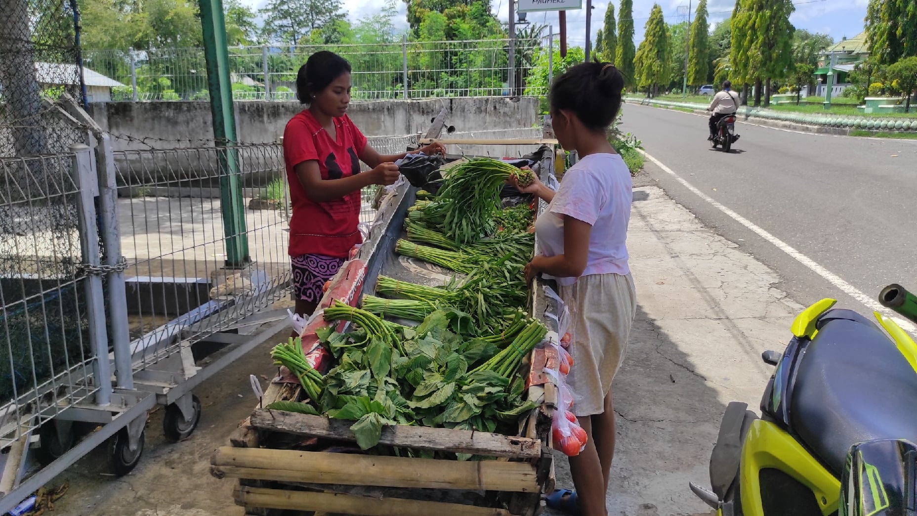 Apriliani (kaos merah) sedang melayani pembeli, sejak SMP hingga tamat SMA dia berjualan sayur untuk membiayai sekolah adik-adiknya.